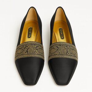 Nickels Black Satin & Gold Brocade Flats 7½ M | Spanish-Made Vintage Evening